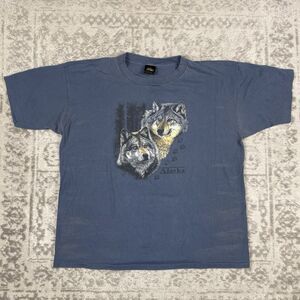 VTG Prairie Mountain Wolfs Alaska T Shirt Men’s Single Stitch Blue Size 2XL XXL